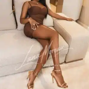 Elegant companion london sitting on sofa