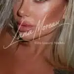 Close-up of Lisa’s face with glossy lips and flawless makeup – luxury model in Dubai